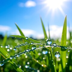 Dewy grass blades under a bright sky
