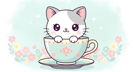 Cat Sitting in Teacup Cute Cartoon Style Pet Illustration