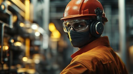 Industrial worker safety first portrait hard hat protective gear construction site engineering job factory silhouette