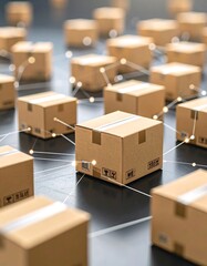 Fototapeta premium Network of cardboard boxes interconnected, representing global distribution or logistics