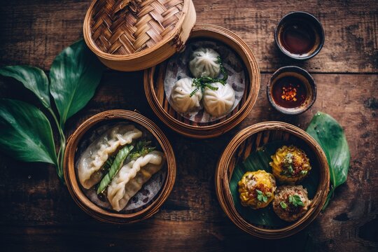 Steamed dim sum in bamboo baskets