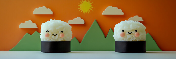 Two adorable kawaii sushi characters, with faces featuring a fluffy base of white rice and a black fish topping, cute food mascots, playful and charming designs.
