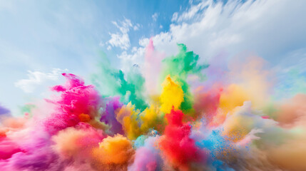 Fototapeta premium Swirling cloud of colorful powder mid-air, capturing dynamic motion in a festive celebration scene.