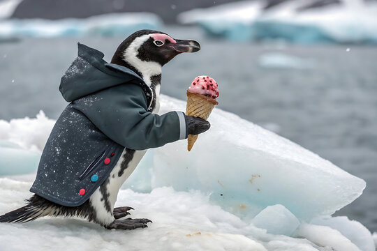 Pinguin mit Winterjacke & Erdbeereis auf Eisscholle &ndash; Antarktis Fantasy-Szene