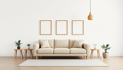 Beige sofa with plants and empty frames on white wall