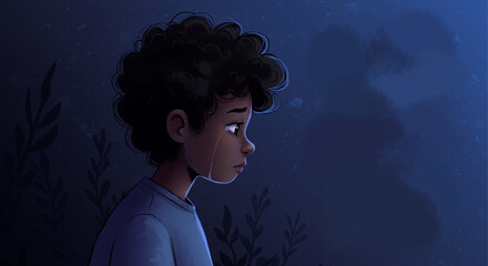Side profile of a sad young boy with curly hair shedding tears in the dark blue night. An emotional digital artwork.
