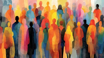 Naklejka premium A lively gathering features a multitude of colorful silhouettes representing diversity. The atmosphere buzzes with excitement as people engage with each other during this vibrant community event.