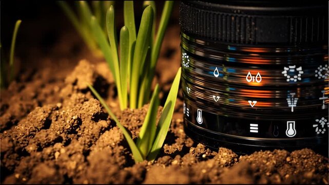 Realistic macro shot of a smart farming sensor in soil, with humidity and temperature icons overlaid