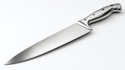 A single, ultra sharp 4K photorealistic image of a professional chef's knife, clean and pristine, with a polished blade and ergonomic handle, perfectly isolated on a pure white background. Studio
