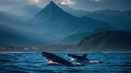 Fototapeta premium Two humpback whales gracefully breach the water near a stunning mountain range at twilight, creating a breathtaking moment of natures beauty and power.