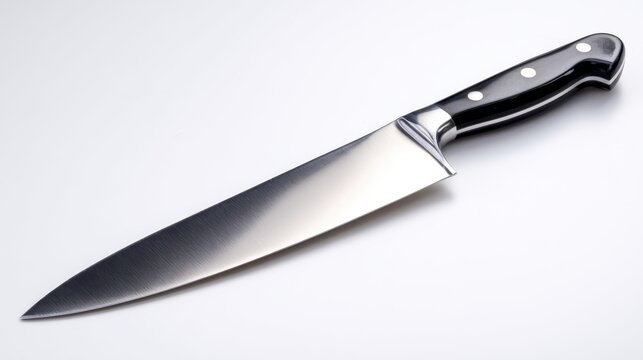A single, ultra sharp 4K photorealistic image of a professional chef's knife, clean and pristine, with a polished blade and ergonomic handle, perfectly isolated on a pure white background. Studio