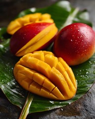 ripe mangoes close-up, mango slices natural light, mango banana leaves, Tropical Mango Presentation, Organic Fruit Photography, Natural Light Food Styling

