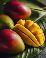 ripe mangoes close-up, mango slices natural light, mango banana leaves, Tropical Mango Presentation, Organic Fruit Photography, Natural Light Food Styling


