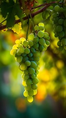 green grape cluster, green grape sunlight, green grape shallow depth, Sunlit Vineyard Grapes, Organic Grape Harvest, Depth-Focused Fruit Photography