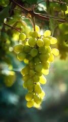 green grape cluster, green grape sunlight, green grape shallow depth, Sunlit Vineyard Grapes, Organic Grape Harvest, Depth-Focused Fruit Photography