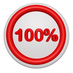 3D 100 Percent Progress Circle Icon. Red Circular Loading Badge on White Background. 3D 100% Pie Chart.