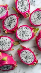 dragon fruit halves with fuchsia seeds, dragon fruit halves on white marble, dragon fruit halves and black seeds, minimalist tropical fruits, high contrast food textures, vibrant exotic fruit flatlay