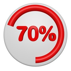3D 70 Percent Progress Circle Icon. Red Circular Loading Badge on White Background. 3D 70% Pie Chart.