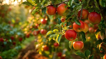 apple orchard harvest, apple orchard wide view, apple orchard warm light, Apple Harvest Landscape, Golden Hour Orchard Views, Rural Fruit Farming Scene