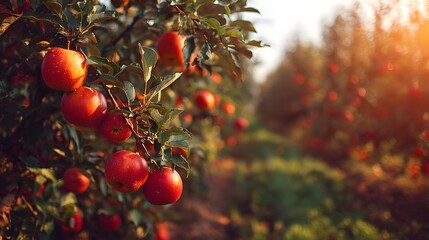 apple orchard harvest, apple orchard wide view, apple orchard warm light, Apple Harvest Landscape, Golden Hour Orchard Views, Rural Fruit Farming Scene