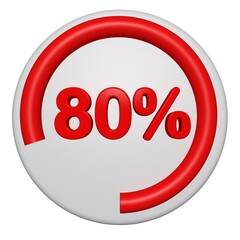 3D 80 Percent Progress Circle Icon. Red Circular Loading Badge on White Background. 3D 80% Pie Chart.