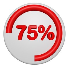 3D 75 Percent Progress Circle Icon. Red Circular Loading Badge on White Background. 3D 75% Pie Chart.