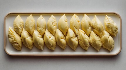 peeled durian segments on tray, durian segments with clean backdrop, durian segments under sharp light, Asian fruit minimalism, exotic dessert close-up, durian flatlay food styling
