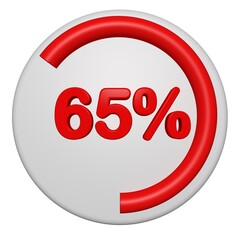 3D 65 Percent Progress Circle Icon. Red Circular Loading Badge on White Background. 3D 65% Pie Chart.