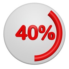 3D 40 Percent Progress Circle Icon. Red Circular Loading Badge on White Background. 3D 40% Pie Chart.