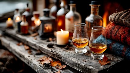 Cozy Autumn Scene Whisky Tasting by Fireplace with Candles, and Wooden Table.