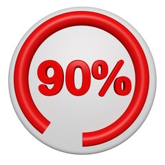 3D 90 Percent Progress Circle Icon. Red Circular Loading Badge on White Background. 3D 90% Pie Chart.