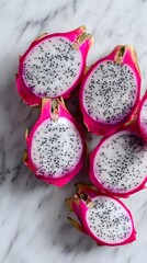 dragon fruit halves with fuchsia seeds, dragon fruit halves on white marble, dragon fruit halves and black seeds, minimalist tropical fruits, high contrast food textures, vibrant exotic fruit flatlay