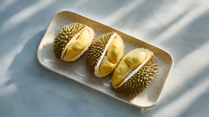 peeled durian segments on tray, durian segments with clean backdrop, durian segments under sharp light, Asian fruit minimalism, exotic dessert close-up, durian flatlay food styling