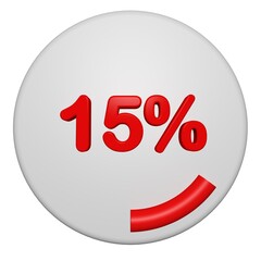 3D 15 Percent Progress Circle Icon. Red Circular Loading Badge on White Background. 3D 15% Pie Chart.
