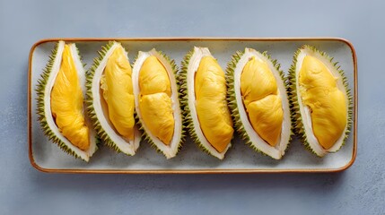 peeled durian segments on tray, durian segments with clean backdrop, durian segments under sharp light, Asian fruit minimalism, exotic dessert close-up, durian flatlay food styling