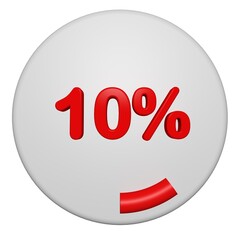 3D 10 Percent Progress Circle Icon. Red Circular Loading Badge on White Background. 3D 10% Pie Chart.