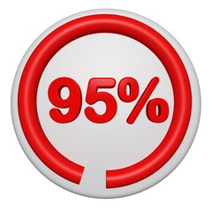 3D 95 Percent Progress Circle Icon. Red Circular Loading Badge on White Background. 3D 95% Pie Chart.