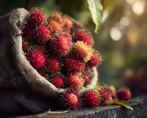 rambutan harvest with fresh fruits, rambutan harvest scene in sack, rambutan harvest outdoor photography, tropical fruit harvesting, Southeast Asian farm scenes, exotic fruit in rustic environment