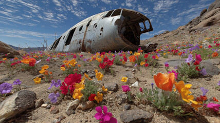 Desert crater with old shipwreck overgrown by colorful wildflowers, stunning contrast of rust and blossoms, clear view 4k image