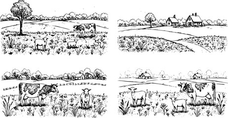 Rural meadow set. A village landscape with cows, goats and lamb, hills and a farm. Sunny scenic country view. Hand drawn engraved sketch. Vintage rustic banner for wooden sign or badge or label
