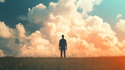 Silhouette of a man standing in a field with a dramatic cloudy sky above.