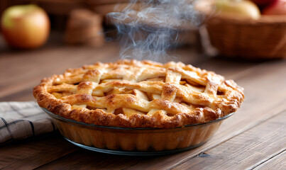 Freshly baked homemade apple pie with golden lattice crust steaming warm classic dessert comforting and delicious apple filling. generative aI