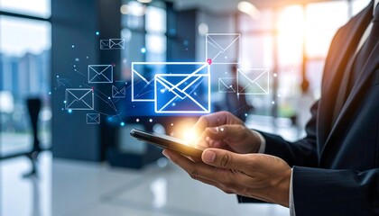 Person using smartphone, email icons hover above