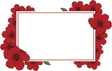 Red flower frame vector illustration, PNG. Fun blossom border with square blank space. Perfect for cards, invitations, social media and graphic designs
