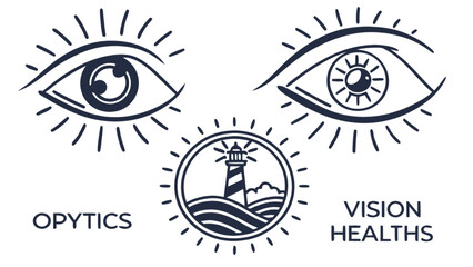 A logo design featuring eyes and a lighthouse, representing vision health and optics, isolated on white background