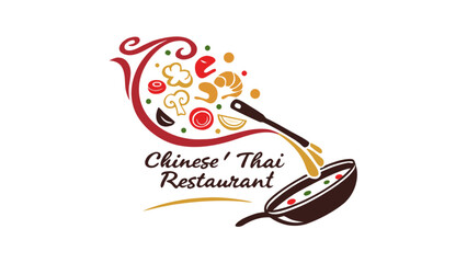 Logo design for a chinese thai restaurant with wok and ingredients isolated on white background