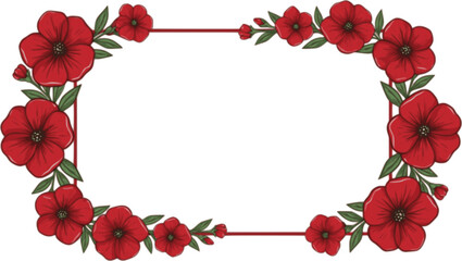 Red flower frame vector illustration, PNG. Fun blossom border with square blank space. Perfect for cards, invitations, social media and graphic designs