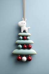 Abstract christmas tree ornament with white horse on top. Cute holiday decoration for New Year celebration. Minimalist winter design.