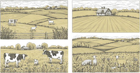 Rural meadow set. A village landscape with cows, goats and lamb, hills and a farm. Sunny scenic country view. Hand drawn engraved sketch. Vintage rustic banner for wooden sign or badge or label