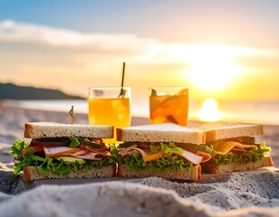Sunset beach picnic with sandwiches and drinks (1)